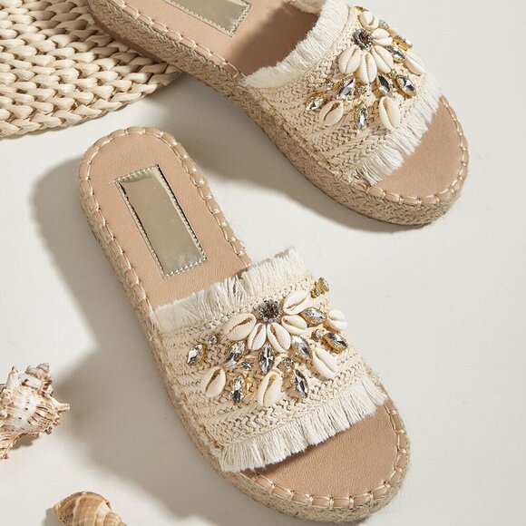 Beige Vacation Women's Rhinestone & Shell Decor Espadrille Sandals - Picture 1 of 4